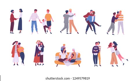 Collection of LGBT or couples and families with children. Bundle of male, female and transgender romantic partners isolated on white background. Vector illustration in flat cartoon style.
