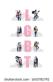 Collection of LGBT families with children. Bundle of male, female and transgender romantic partners isolated on white background. Vector illustration in flat cartoon style.