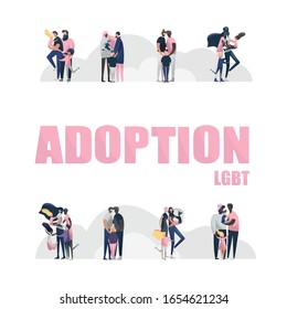 Collection of LGBT families with children. Set of parents and kids isolated on white background. Vector illustration in flat cartoon style.