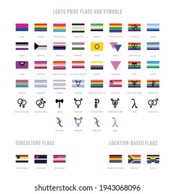 Colección de banderas y símbolos LGBT. Objetos vectoriales aislados en un fondo blanco.