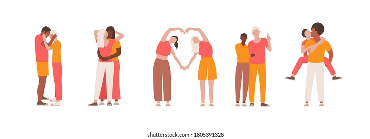 Collection of LGBT people in different pose. Romantic couples men and women on isolated white background. Flat vector illustration.