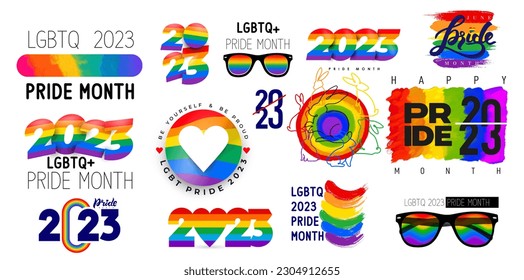 Colección del Mes del Orgullo LGBT 2023. Bandera arcoiris, gafas de sol, conejo, logos, símbolos y pegatinas de colores. Derechos humanos y tolerancia. Comunidad LGBTQ. Ilustración vectorial.