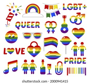 Kollektion von Leuchtzeichen, Vektorgrafik. Set von Symbolen in Regenbogenfarben Stolz, Fahne, Herz, Frieden, Liebe, Unterstützung, Freiheit, Paar, Lollipop einzeln. Gütezeichen der homosexuellen Gemeinschaft