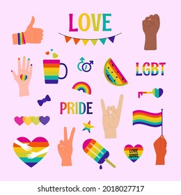 Collection of LGBTQ community symbols clipart isolated. Hands, quotes, rainbow colored food, hearts and flags, concept of LGBT people elements. Gay parade. gay, lesbian and trans icons vector set