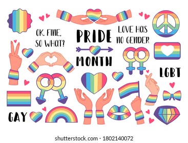 Collection of LGBTQ community symbols with pride flags, gender signs, rainbow. Pride month concept. Gay parade symbols. LGBTQ icon set. . Vector isolated illustration for gay couples.