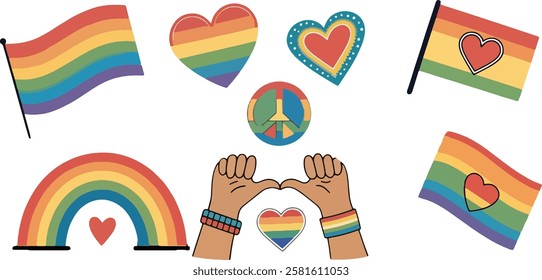 A collection of LGBTQ+ pride-themed icons, including rainbow flags, hearts, peace symbols, and hands forming a heart, representing love, unity, and inclusivity.
