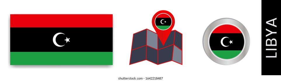 Collection of Libyan national flags isolated in official colors and Libya map icons with country flags.