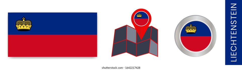 The collection of Liechtenstein's national flags is isolated in official colors and Liechtenstein map icons with country flags.