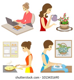 Collection. The life of a lady. The girl prepares to eat, grow flowers, iron clothes, works at the computer. Vector illustration, set.