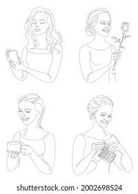 Collection. The life of a woman. Silhouettes of a lady with a cup, flower, knitting, phone in modern single line style. Solid line, contour for posters, stickers, logo. Vector illustration set.