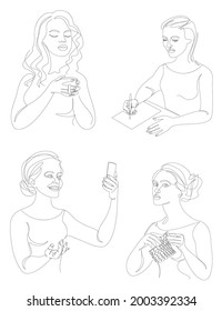 Collection. The life of a woman. Silhouettes of a lady with a cup, a pen, a knitting, a telephone in a modern one line style. Solid line, outline for posters, stickers, logo. Set of vector illustratio