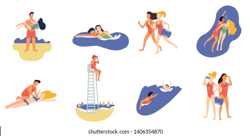 Collection of lifeguards save tourists in sea. Men and women lifesavers look after people on beach. Emergency during summer vacation. First aid for drowning. Flat cartoon vector illustration