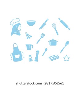 A collection of light blue cooking and baking icons, featuring a female chef in a hijab, various kitchen tools, and utensils on a white background