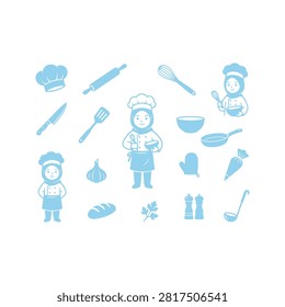A collection of light blue icons featuring two female chefs in hijabs, surrounded by various cooking tools and ingredients on a white background