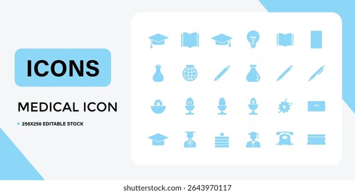 Uma coleção de ícones azuis claros representando educação, ciência e comunicação, dispostos em um fundo branco com cantos arredondados.