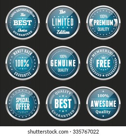 Collection of light blue labels and badges with silver border