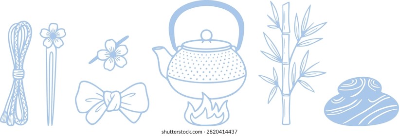 A collection of light blue line is arranged against a plain white background. The depict associated with the Japanese tea ceremony, including a matcha whisk (chasen), a decorative hair pin (kanzashi) topped with a flower, a stylized bow, and a teapot sitting over stylized flames. Natural are also represented by a bamboo stalk with leaves and a rounded stone with swirling lines. The overall style is simple and minimalist, with clean lines and a limited color palette.