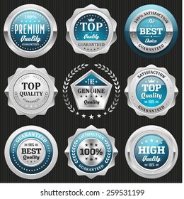 Collection of light blue top quality badges with silver border