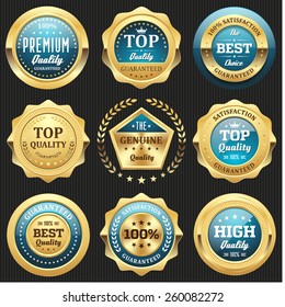 Collection of light blue top quality badges with gold border