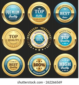 Collection of light blue top quality badges with gold border