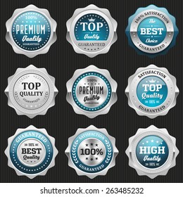 Collection of light blue top quality badges with silver border
