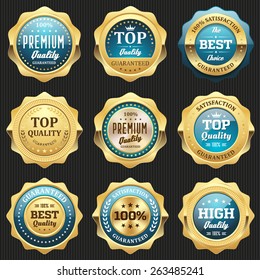 Collection of light blue top quality badges with gold border