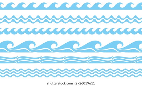 A collection of light blue undulating wave patterns, featuring smooth and zigzag ripple designs, ideal for marine backgrounds, borders, and decorative graphic elements