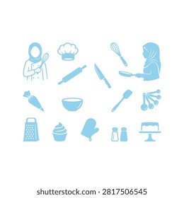 A collection of light blue vector icons featuring baking and cooking tools, including Muslim women chefs, various kitchen utensils, and sweet treats on a white background