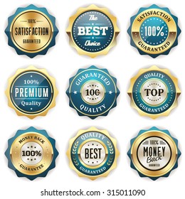 Collection of light bue badges with gold border on white background