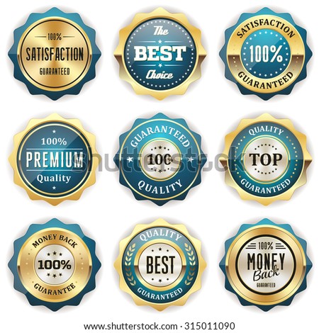 Collection of light bue badges with gold border on white background