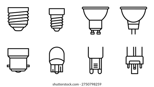 Collection of light bulb icons. features screw base bulbs, LED bulbs, halogen bulbs, and car light bulbs