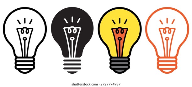 Collection of light bulb icons representing ideas, innovation, and illumination in various styles