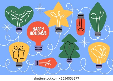 Collection of light bulb illustrations with various creative shapes. Festive and playful design for decor and branding. Vector  cartoon graphics