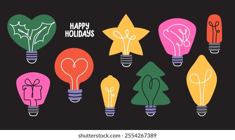 Collection of light bulb illustrations with various creative shapes. Festive and playful design for decor and branding. Vector  cartoon graphics