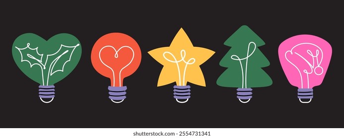 Collection of light bulb illustrations with various creative shapes. Festive and playful design for decor and branding. Vector  cartoon graphics