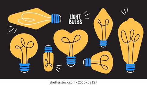 Collection of light bulb illustrations with various creative shapes. Modern and playful design for decor and branding. Vector  cartoon graphics