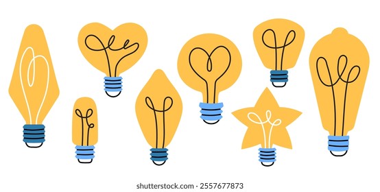 Collection of light bulb illustrations with various creative shapes. Modern and playful design for decor and branding. Vector  cartoon graphics