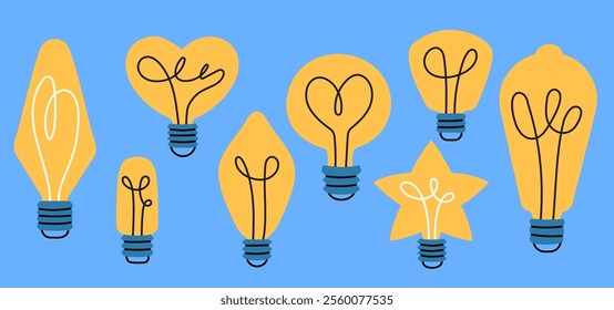 Collection of light bulb illustrations with various creative shapes. Modern and playful design for decor and branding. Vector  cartoon graphics