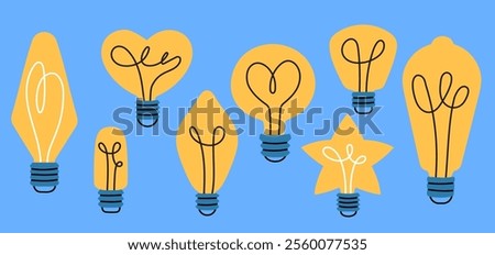 Collection of light bulb illustrations with various creative shapes. Modern and playful design for decor and branding. Vector  cartoon graphics