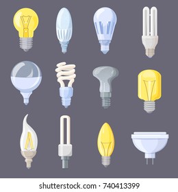 Collection of light bulbs, icons with electric elements used in lamps and in house, way to economy, vector illustration isolated on grey