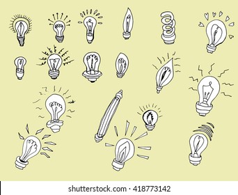 Collection of light bulbs. Lamps. Electrical devices. Line art. Black and white drawing by hand. Stylized. Decorative.