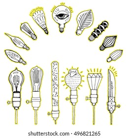 Collection of light bulbs. Lamps. Electrical devices. Line art. Black and white drawing by hand. Stylized. Decorative. Abstract.