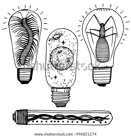 Collection of light bulbs. Lamps. Electrical devices. Line art. Black and white drawing by hand. Stylized. Decorative. Abstract.