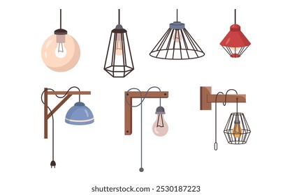 Collection of light bulbs on wooden holders, isolated set of lamps with glass or metal chandeliers. Template for sleek and minimalist design. Indoor or outdoor electricity and decoration elements