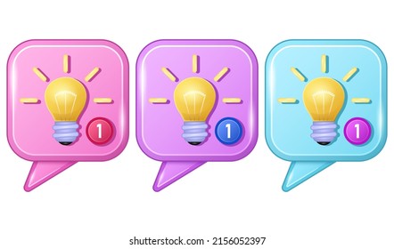 Collection light bulbs in square speech bubbles 3d cartoon icons