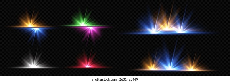 Collection of light effects. Bright lines, star effect, fast horizontal flow of luminous energy. Vector.