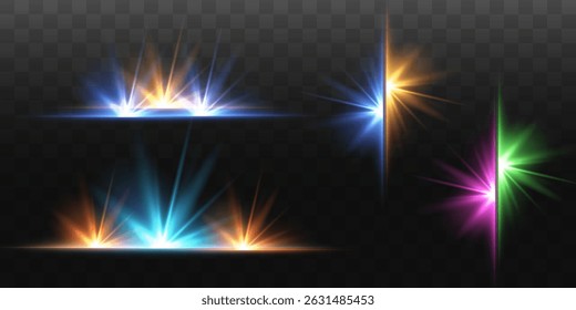 Collection of light effects. Bright lines, star effect, fast horizontal flow of luminous energy. Vector.