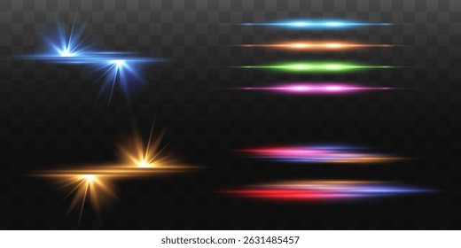 Collection of light effects. Bright lines, star effect, fast horizontal flow of luminous energy. Vector.