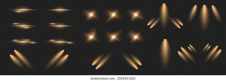 Collection of light effects, flare of lines, flash of stars, spotlight, laser lines.