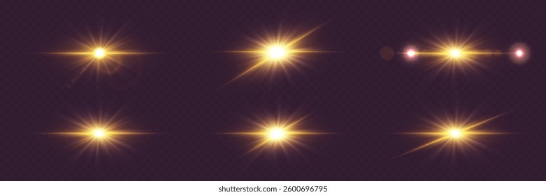 Collection of light effects of flares, star explosion and light source.